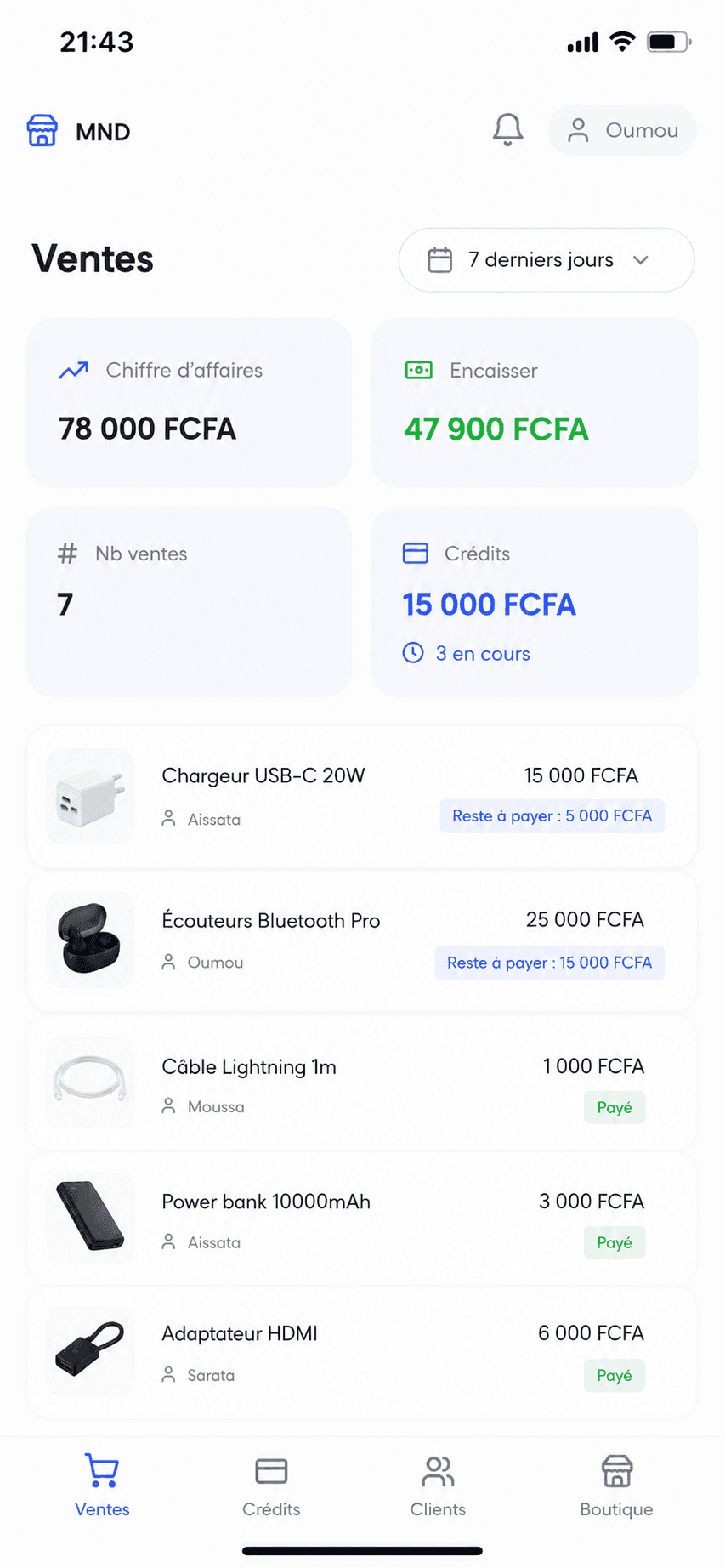 Aperçu de l'application Cyra avec les ventes et le suivi des produits.